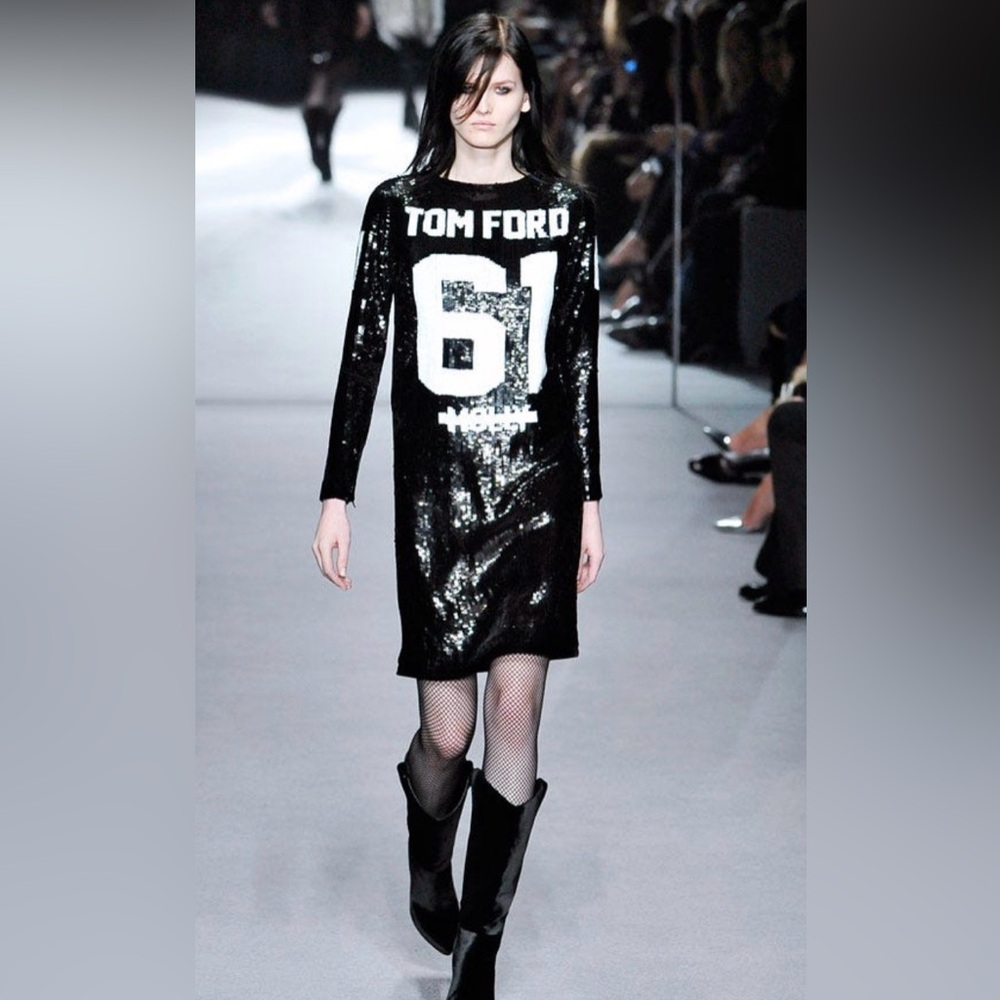 Not Tom Ford Black Sequin Long-Sleeve Logo Shift Dress Molly as is no label